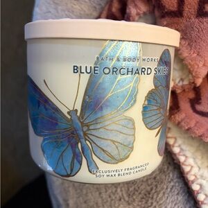 Bath & Body Works Blue Orchard Skies Candle - Blue & Gold Butterfly Design
